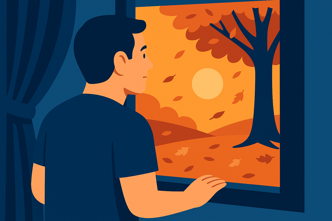 illustration d'un homme atteint d'apnée du sommeil qui regarde le changement de saison par la fenêtre, blogue de La Boite à CPAP