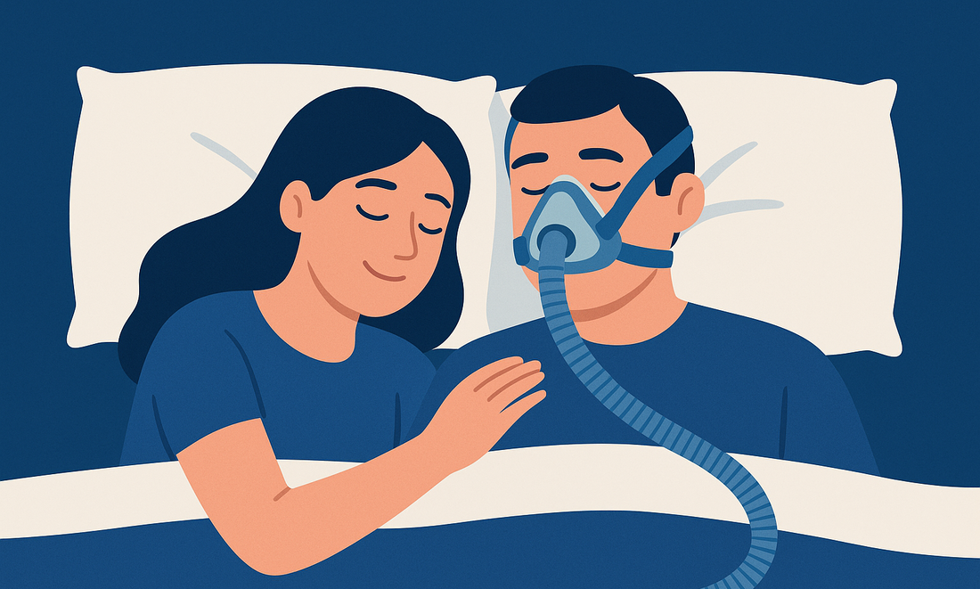 Illustration d'un couple qui dort, l'homme porte un masque CPAP pour l'apnée du sommeil.