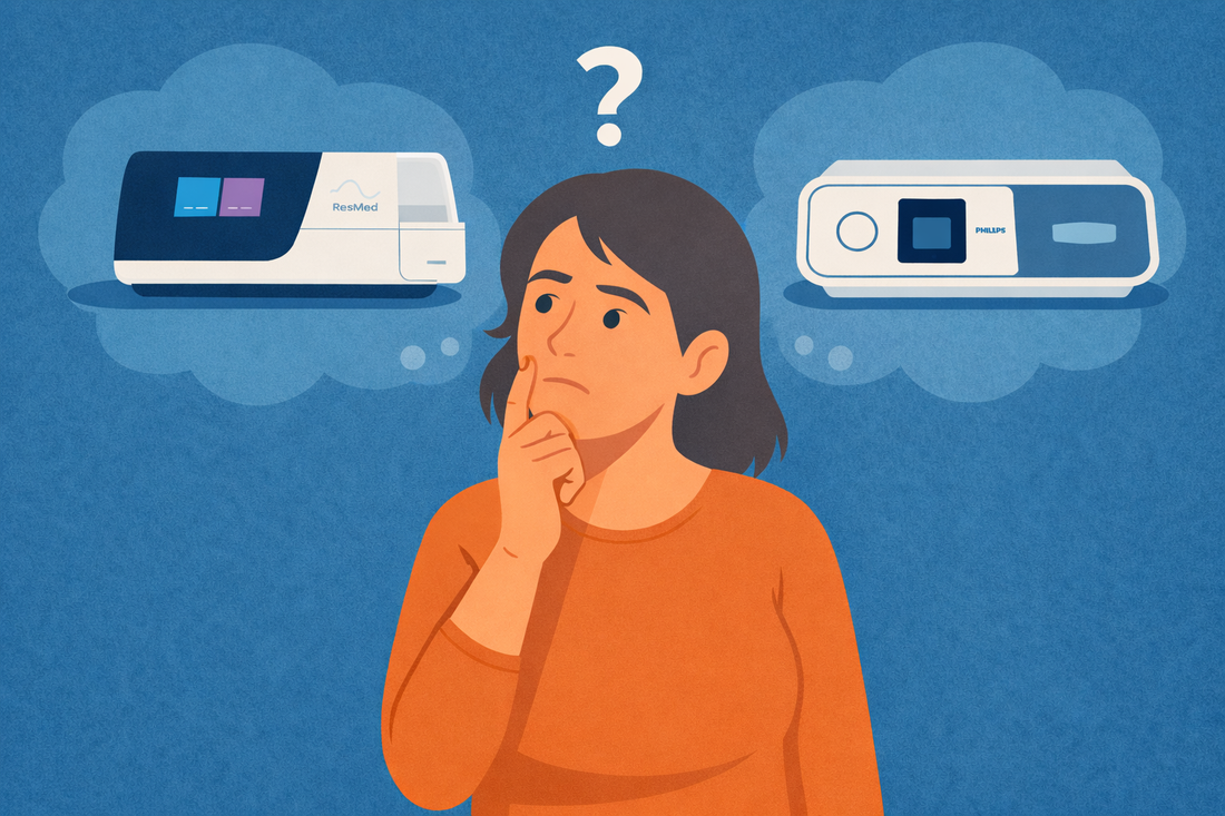 La Boîte à CPAP article de blogue, illustration d'une femme de 50 ans qui hésite entre deux modèles d'appareil CPAP