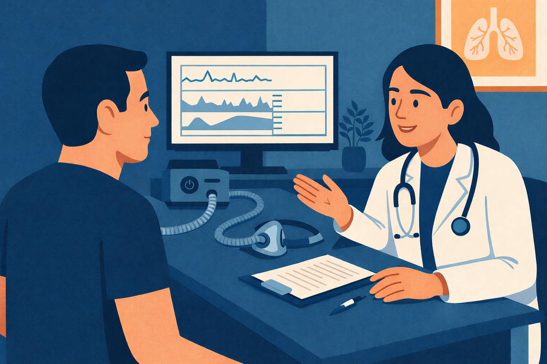 La Boite à CPAP : illustration d'une professionnelle de la santé qui explique les données du traitement CPAP à son patient