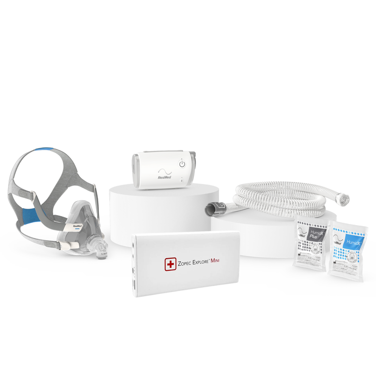 Combo CPAP de voyage ResMed AirMini avec masque Airfit F20 et batterie portable Zopec Explore Mini pour thérapie sans fil 