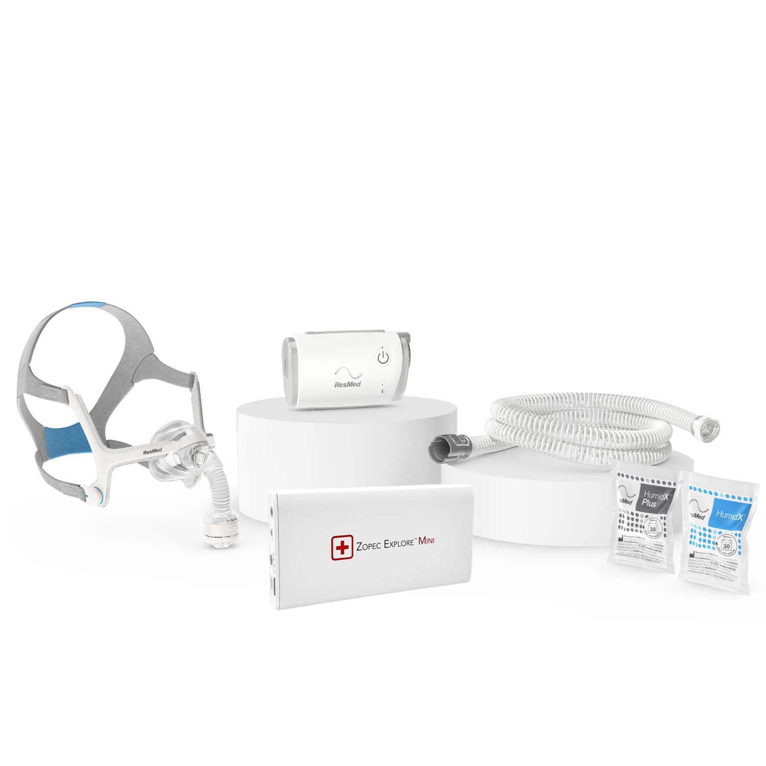 Combo CPAP de voyage ResMed AirMini avec masque Airfit N20 et batterie portable Zopec Explore Mini pour thérapie sans fil 