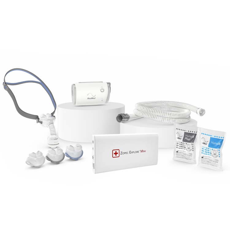 Combo CPAP de voyage ResMed AirMini avec masque Airfit P10 et batterie portable Zopec Explore Mini pour thérapie sans fil 